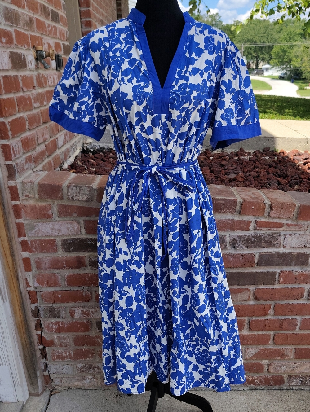Pinch 100% Cotton Floral Puff Sleeves Pockets Midi Dress Size XL Coastal Beachy